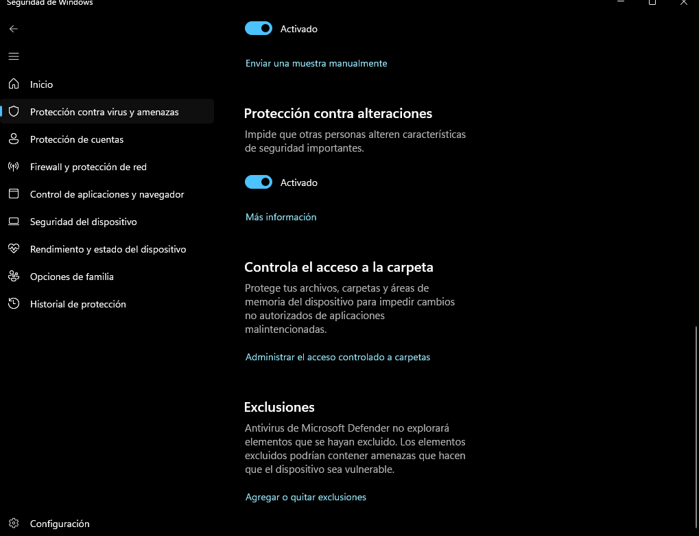 Exclusiones del antivirus